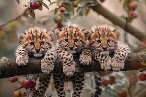 AI generated cheetah Baby group of animals hanging out on a branch, cute, smiling, adorable photo