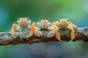 ai generado cangrejo bebé grupo de animales colgando fuera en un rama, lindo, sonriente, adorable foto