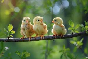 ai generado pollo bebé grupo de animales colgando fuera en un rama, lindo, sonriente, adorable foto