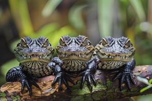 ai generado cocodrilo bebé grupo de animales colgando fuera en un rama, lindo, sonriente, adorable foto