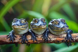 ai generado cocodrilo bebé grupo de animales colgando fuera en un rama, lindo, sonriente, adorable foto