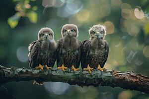 ai generado águila bebé grupo de animales colgando fuera en un rama, lindo, sonriente, adorable foto