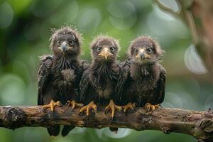 AI generated Eagle Baby group of animals hanging out on a branch, cute, smiling, adorable photo