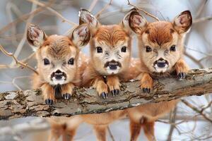 ai generado ciervo bebé grupo de animales colgando fuera en un rama, lindo, sonriente, adorable foto