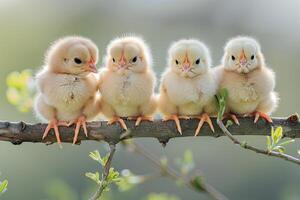 ai generado pollo bebé grupo de animales colgando fuera en un rama, lindo, sonriente, adorable foto