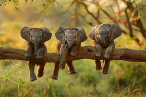 ai generado elefante bebé grupo de animales colgando fuera en un rama, lindo, sonriente, adorable foto