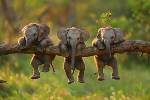 ai generado elefante bebé grupo de animales colgando fuera en un rama, lindo, sonriente, adorable foto