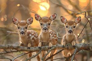 ai generado ciervo bebé grupo de animales colgando fuera en un rama, lindo, sonriente, adorable foto