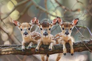 AI generated deer Baby group of animals hanging out on a branch, cute, smiling, adorable photo