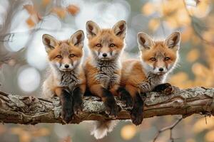 ai generado zorro bebé grupo de animales colgando fuera en un rama, lindo, sonriente, adorable foto