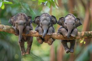ai generado elefante bebé grupo de animales colgando fuera en un rama, lindo, sonriente, adorable foto