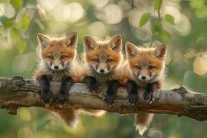 ai generado zorro bebé grupo de animales colgando fuera en un rama, lindo, sonriente, adorable foto