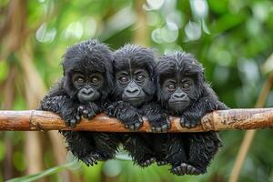 AI generated Gorilla Baby group of animals hanging out on a branch, cute, smiling, adorable photo