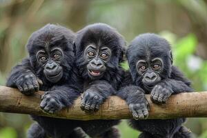 AI generated Gorilla Baby group of animals hanging out on a branch, cute, smiling, adorable photo