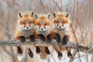 AI generated Fox Baby group of animals hanging out on a branch, cute, smiling, adorable photo