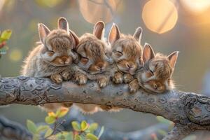 ai generado liebre bebé grupo de animales colgando fuera en un rama, lindo, sonriente, adorable foto