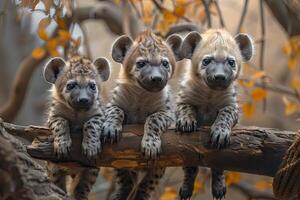 AI generated Hyena Baby group of animals hanging out on a branch, cute, smiling, adorable photo