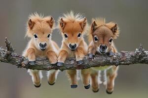 ai generado caballo bebé grupo de animales colgando fuera en un rama, lindo, sonriente, adorable foto