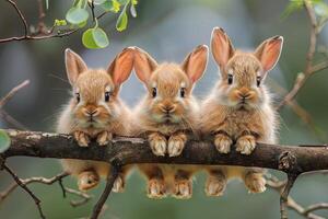 AI generated Hare Baby group of animals hanging out on a branch, cute, smiling, adorable photo