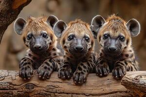 AI generated Hyena Baby group of animals hanging out on a branch, cute, smiling, adorable photo