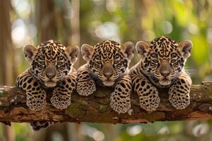 ai generado jaguar bebé grupo de animales colgando fuera en un rama, lindo, sonriente, adorable foto