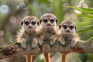 ai generado suricata bebé grupo de animales colgando fuera en un rama, lindo, sonriente, adorable foto