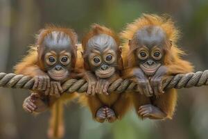 ai generado orang utan mono bebé grupo de animales colgando fuera en un rama, lindo, sonriente, adorable foto