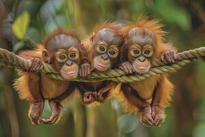 ai generado orang utan mono bebé grupo de animales colgando fuera en un rama, lindo, sonriente, adorable foto