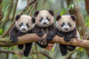 ai generado panda bebé grupo de animales colgando fuera en un rama, lindo, sonriente, adorable foto