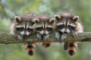 ai generado mapache bebé grupo de animales colgando fuera en un rama, lindo, sonriente, adorable foto