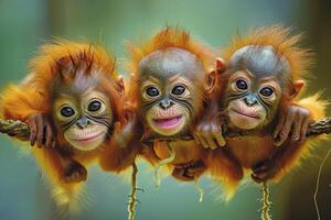 ai generado orang utan mono bebé grupo de animales colgando fuera en un rama, lindo, sonriente, adorable foto