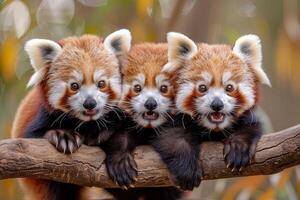 AI generated Red Panda Baby group of animals hanging out on a branch, cute, smiling, adorable photo