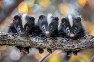 ai generado zorrillo bebé grupo de animales colgando fuera en un rama, lindo, sonriente, adorable foto