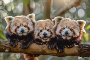 ai generado rojo panda bebé grupo de animales colgando fuera en un rama, lindo, sonriente, adorable foto