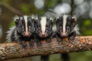 AI generated Skunk Baby group of animals hanging out on a branch, cute, smiling, adorable photo