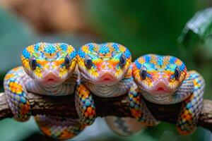 ai generado serpiente bebé grupo de animales colgando fuera en un rama, lindo, sonriente, adorable foto