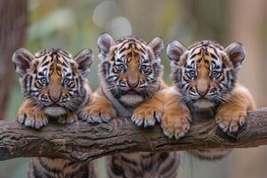 ai generado Tigre bebé grupo de animales colgando fuera en un rama, lindo, sonriente, adorable foto