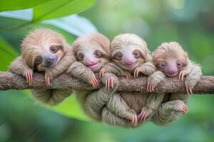 ai generado perezoso bebé grupo de animales colgando fuera en un rama, lindo, sonriente, adorable foto