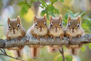 AI generated Squirrel Baby group of animals hanging out on a branch, cute, smiling, adorable photo