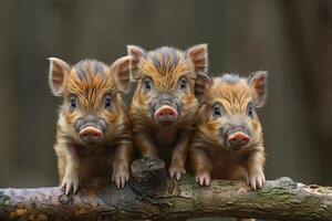 AI generated Wild Boar Baby group of animals hanging out on a branch, cute, smiling, adorable photo