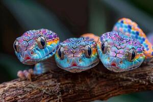 ai generado serpiente bebé grupo de animales colgando fuera en un rama, lindo, sonriente, adorable foto