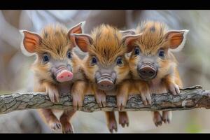 ai generado salvaje Jabali bebé grupo de animales colgando fuera en un rama, lindo, sonriente, adorable foto