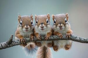 ai generado ardilla bebé grupo de animales colgando fuera en un rama, lindo, sonriente, adorable foto