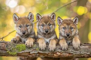 ai generado lobo bebé grupo de animales colgando fuera en un rama, lindo, sonriente, adorable foto