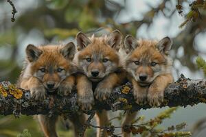 ai generado lobo bebé grupo de animales colgando fuera en un rama, lindo, sonriente, adorable foto