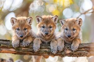 ai generado lobo bebé grupo de animales colgando fuera en un rama, lindo, sonriente, adorable foto