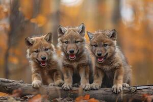 ai generado lobo bebé grupo de animales colgando fuera en un rama, lindo, sonriente, adorable foto