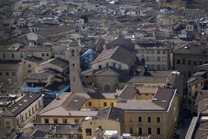 Florence Aerial view cityscape from giotto tower detail near Cathedral Santa Maria dei Fiori, Brunelleschi Dome Italy photo