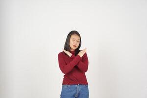 Young Asian woman in Red t-shirt Crossed arms rejection concept isolated on white background photo