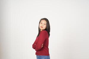 Young Asian woman in Red t-shirt Crossed arms with serious face isolated on white background photo